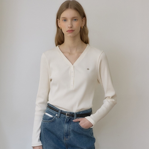 아워호프 로고 브이넥 버튼 슬리브 티셔츠 Cream HK26SP-TS04-CRE_이미지