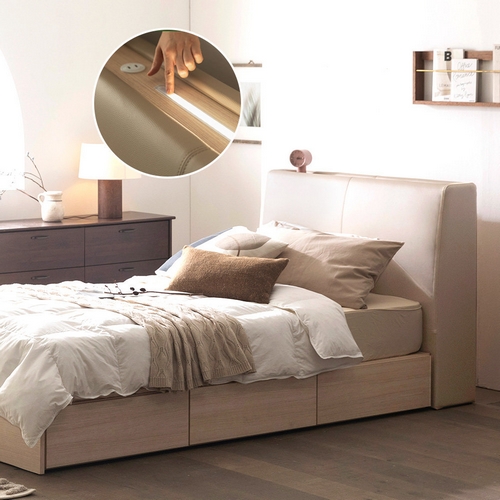 젠티스 헤이즐 3단 통서랍 가죽 헤드 호텔 수납 LED침대 Q (코어핏S미디엄하드독립)_이미지