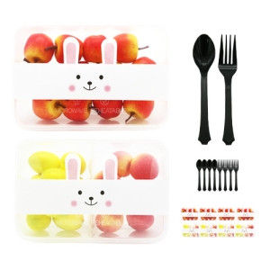 PP내열 도시락용기 블랙한칸 5p + 두칸 5p + 맛있게드세요 토끼띠지 10p + 블랙스푼 5p + 포크 5p 1개