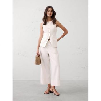 바나나리퍼블릭 우먼 리넨 블렌드 롱 컷어웨이 베스트 조끼 크림 스트라이프 11345084