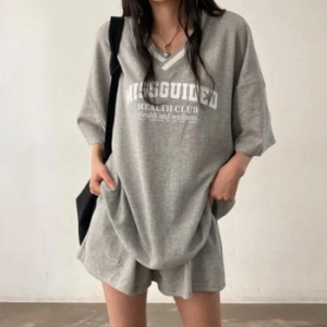 오노마 ONM 여자 데일리 루즈핏 브이넥 반팔반바지 트레이닝 셋업 16462967_이미지