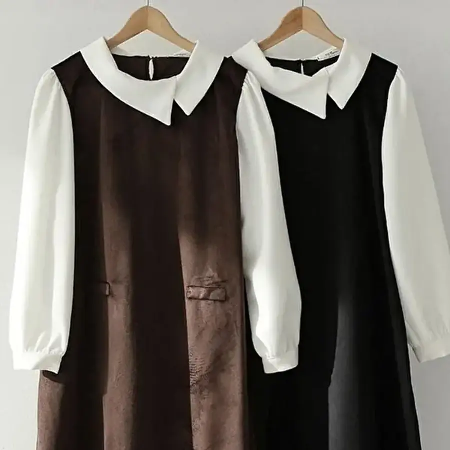 셀러허브 패션 배색 벨벳 카라 원피스 312K722S 빅사이즈 여성 11889295A_이미지