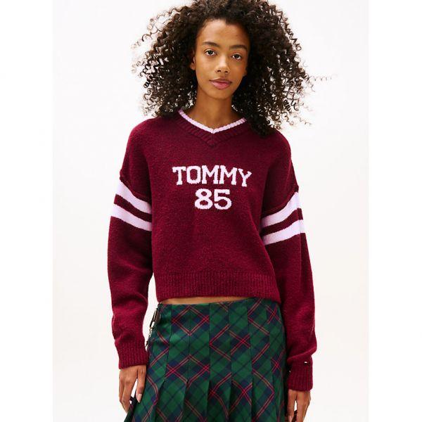 타미힐피거 우먼 인따르시아 로고 브이넥 릴렉스드 점퍼 라비쉬 체리스 DW0DW22033VLC_이미지