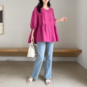 수프 KDH3193스파내 여성 프릴캉캉 플레어 블라우스 라운드 링 주름디테일