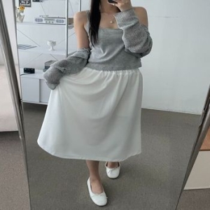  에이라인 허리밴딩 화이트 플레어 롱스커트 UFR-161888 21271045