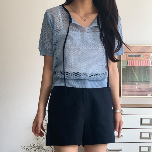 샵앤 국산 여성 리본 라운드 펀칭 뜨개 반팔 니트 티셔츠 21DS-WKN-4613-베이지