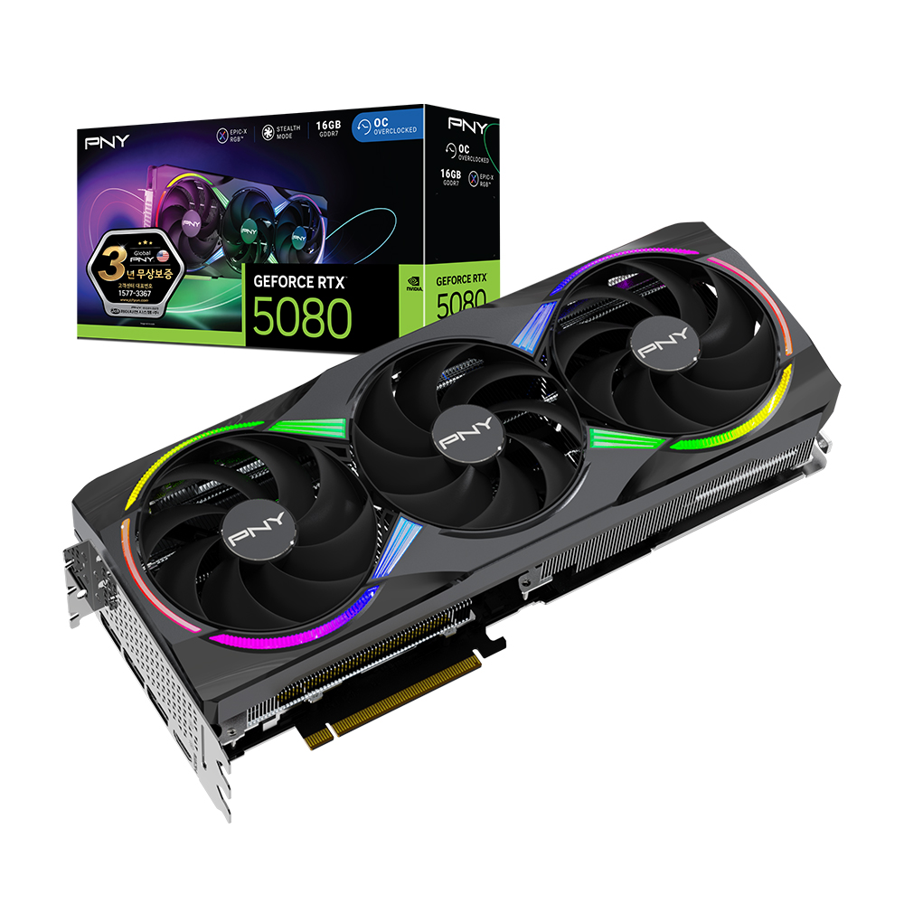 PNY 지포스 RTX 5080 EPIC-X RGB OC D7 16GB Triple Fan 제이씨현이미지입니다. 누르면 해당 게시물로 새창이동합니다.