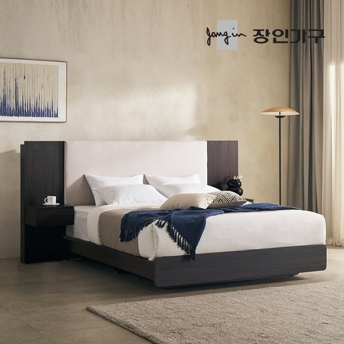 장인가구 까르뎅차콜 패브릭 호텔 평상형 LED침대 Q+400협탁 2개 (유로탑독립)_이미지