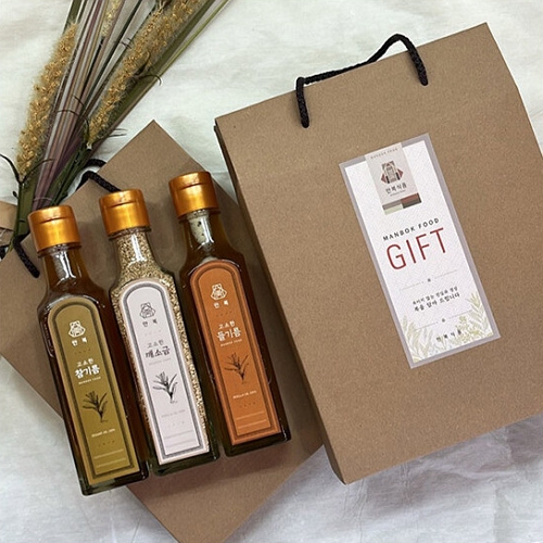 만복 저온압착 참기름 들기름 깨소금 300ml 3병 선물세트