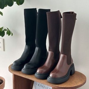  홀릭 HSM009 여자 롱부츠 천연소가죽 니트 레이어드