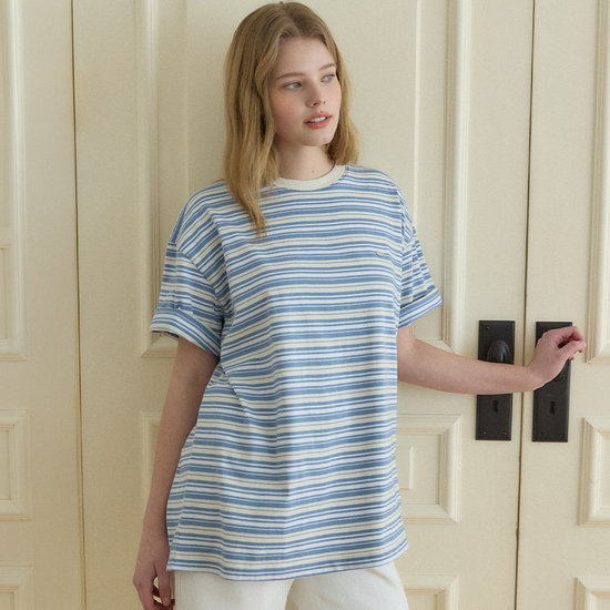 아워호프 오버핏 로고 스트라이프 티셔츠 Blue HK26SP-TS20-BLU_이미지