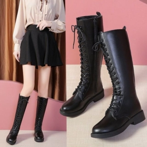 7W981D18 부츠 미들 통굽 털신발 스웨이드 레이스업워커 여성 가죽신발 롱 사이즈:230mm 블랙_230mm_이미지