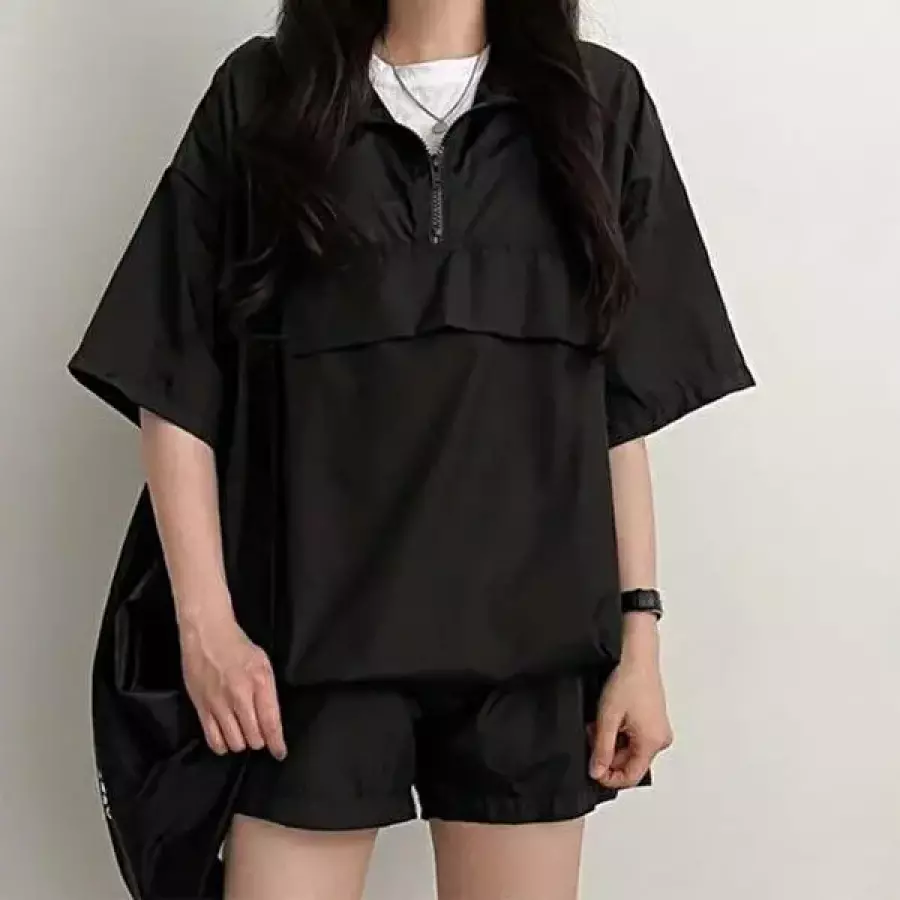 패션 모드제니 학생 여성 캐주얼 스포티 반집업 반팔 반바지 set 39784376