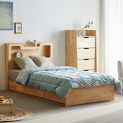 장인가구 원더 고무나무 원목 수납 LED침대 SS (독립스프링)_이미지