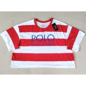 랄프로렌 폴로 여성 스트라이프 컬러 블록 티셔츠 오버사이즈 레드/화이트 탑 2XL 2404215