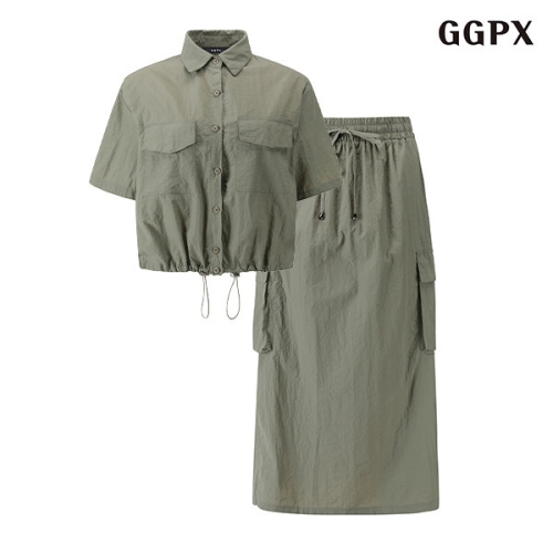 GGPX 카라넥 스트링 블라우스 밴딩 포켓 롱 스커트 셋업 GOBOW075D_이미지