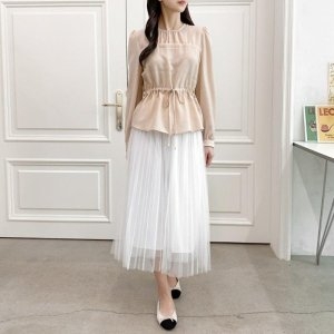 수프 KDH3016루보핼 링 블라우스 노카라 주름디테일 여성 스트링_이미지