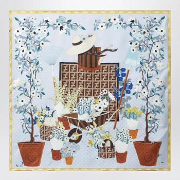 펜디 Gardening light blue multicoloured silk foulard FXT091B01T/XM_ -F1WO..