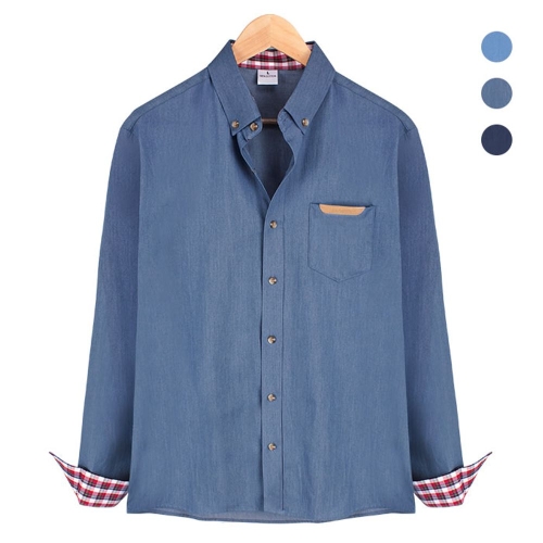 체크 패턴 배색 데님 블루 셔츠 NWM001 Blue W15E2F5