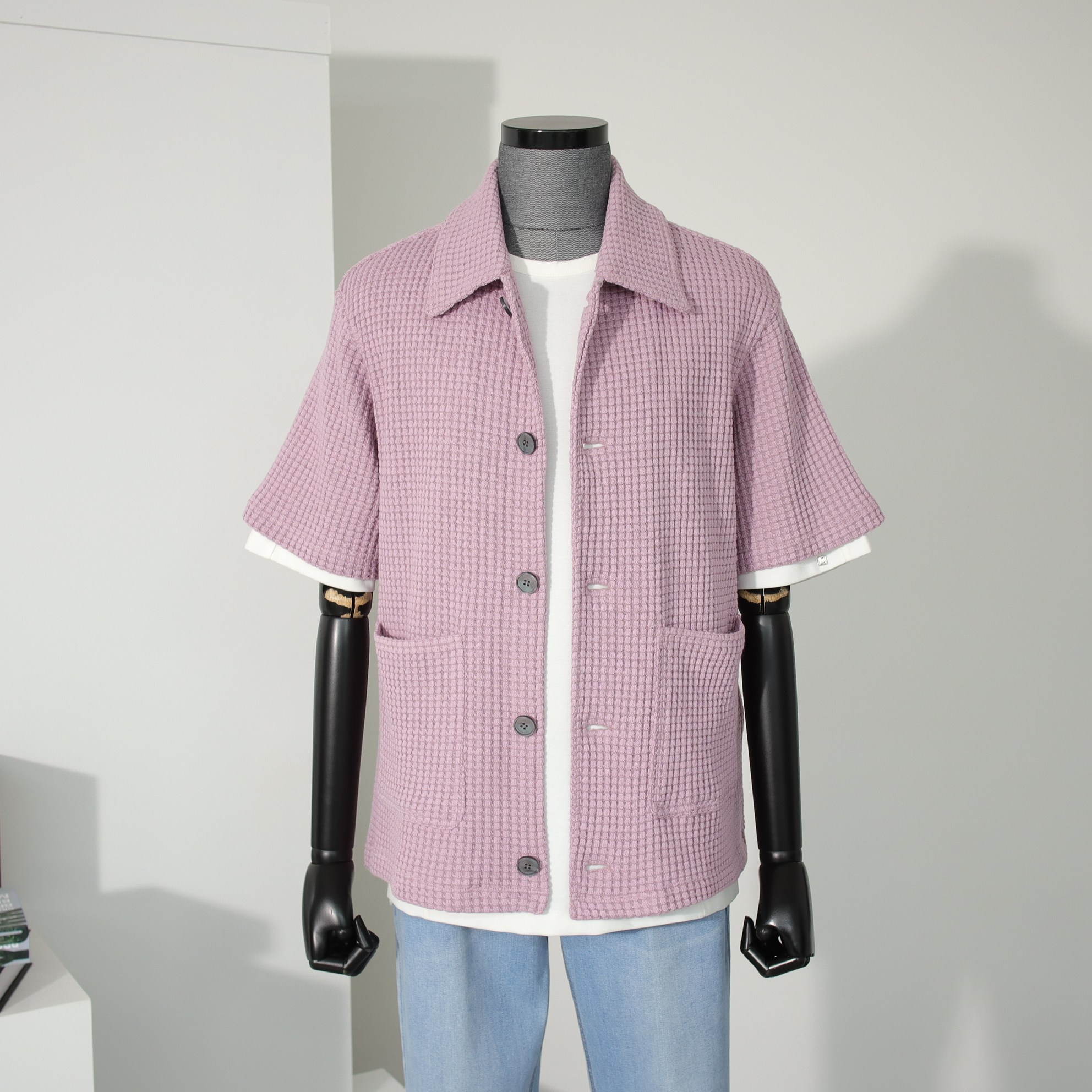 LLM32513PN OVER-FIT JACKET 니트 텍스처 반팔 셔츠형 자켓 핑크 100