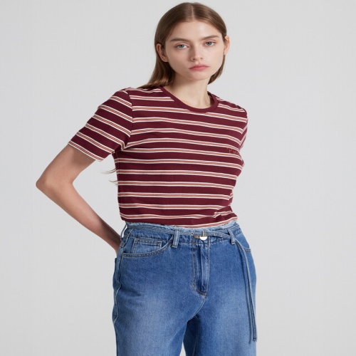 바네사브루노 아떼 여성 와인 자수배색 스트라이프 반팔티셔츠 VLTS4C305D2_이미지
