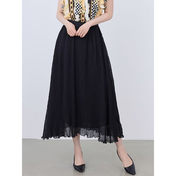 프롬코 여성용 플리츠 쉬폰 플레어 밴딩 롱 스커트 FRC269 블랙 M_이미지