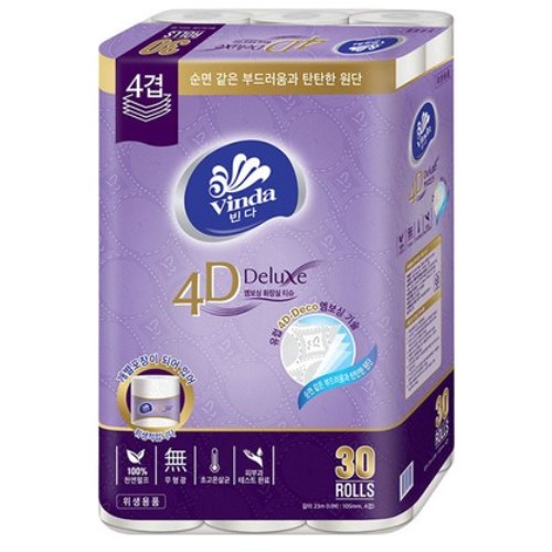 빈다코리아 4D Deluxe 엠보싱 화장실 티슈 23m (30롤) (2팩)_이미지