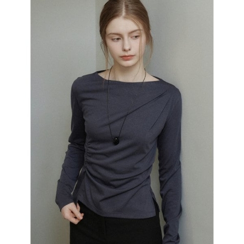 포토리뷰 Boat-neck Soft Drape Shirring T-shirt Charcoal AT6TSA018CC 1082..