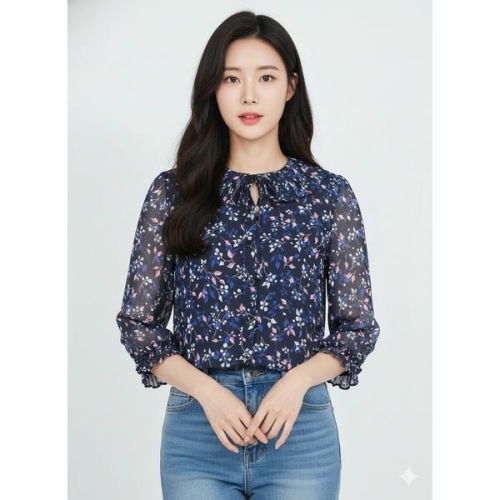 크로커다일레이디 네이비 프릴 플라워 블라우스 CLCMBL103_이미지
