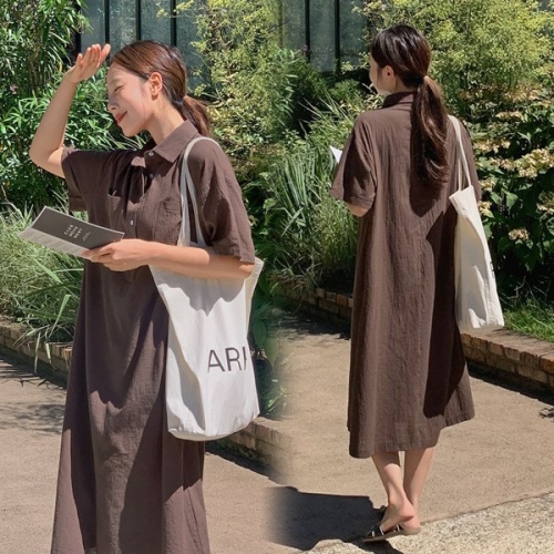 핫핑 린넨라이크 브로타 루즈핏 포켓 반팔셔츠롱원피스 H_OPS1100_이미지