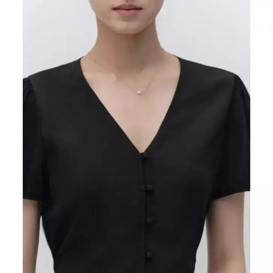 무신사 스탠다드 25일 배송 STANDARD WOMAN 우먼즈 RN 슬림 타이 핏 반소매 블라우스 블랙MWFBS8D70-BK
