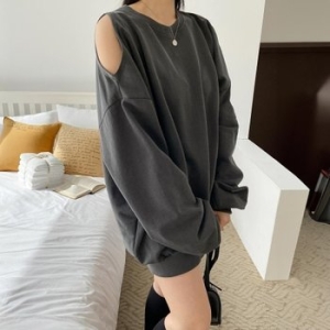 수프 KHT7126부키도 캐주얼 슬릿 크루넥 여성 루즈핏 링 맨투맨