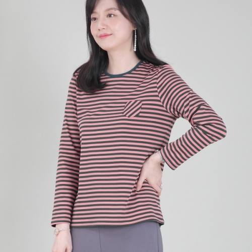 애비뉴투지 코트나 보송 기모 단가라 가을 겨울 티셔츠 A10405