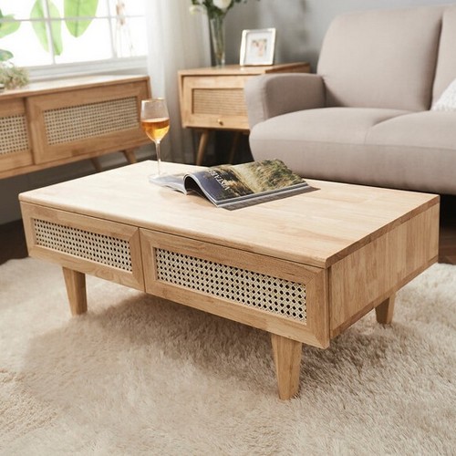 소소숲 템즈 원목 라탄 거실 테이블 1000