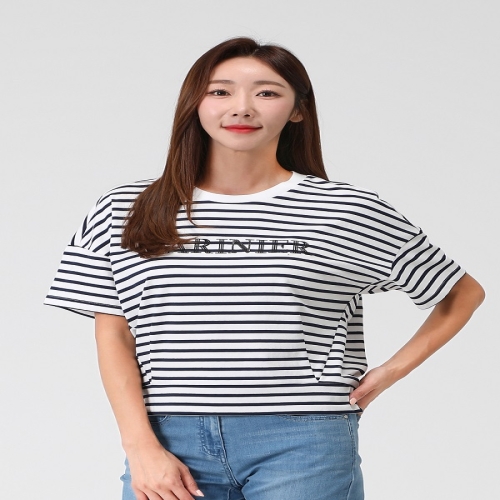 PAT 여성 스트라이프 자수레터링 티셔츠 QK-45303_이미지
