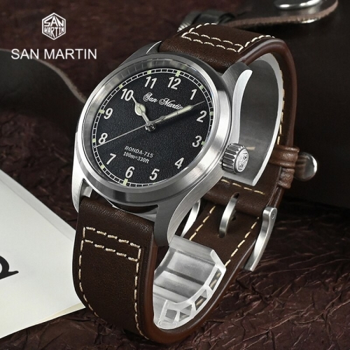 [불명] 남성손목시계 san martin sn034g 37mm pilot 밀리터리 남자 시계 색깔rd715-가죽 노로그_이미지
