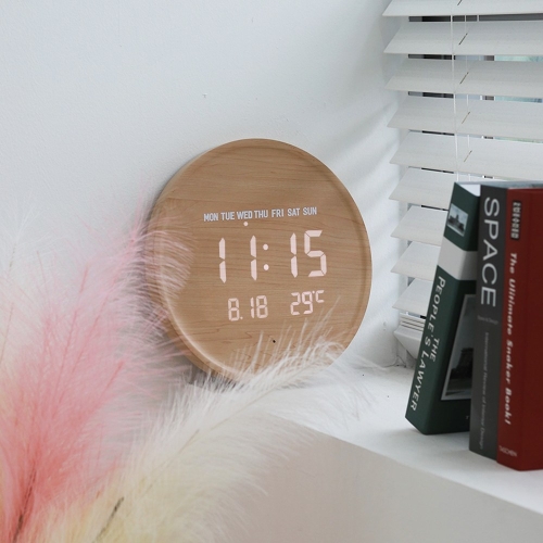 트레타 원형 문클락 LED 무선 온도 날짜 요일벽시계 01_데이트 우드