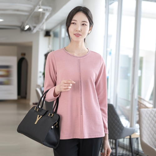 모슬린 엄마옷 보석핀턱 라운드긴팔티셔츠 TS613332 중년여성/50대/60대/70대/빅사이즈/할머니옷_이미지