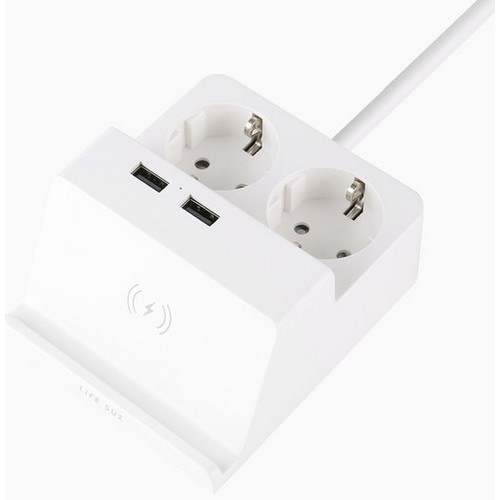 라이프썸 2구 16A 무선충전 USB 멀티탭 화이트 (1.5m)_이미지