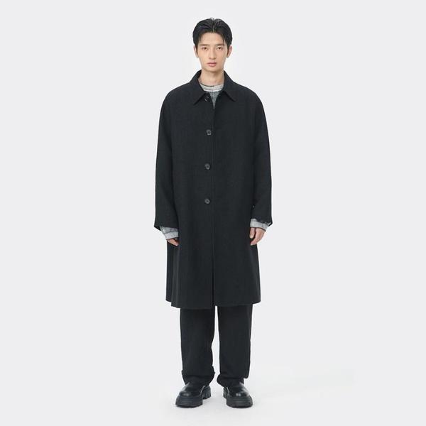 커스텀멜로우 블랙 루즈 핏 거즈 텍스처 래글런 울 린넨 발마칸 코트 CWCAA25