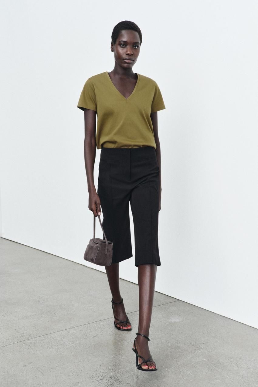 자라 국내 인터록 브이넥 티셔츠 카키126233