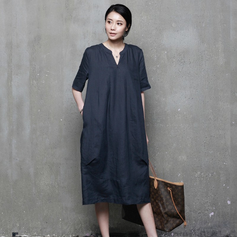 M358 V넥핀턱 루즈핏 린넨원피스 3086113
