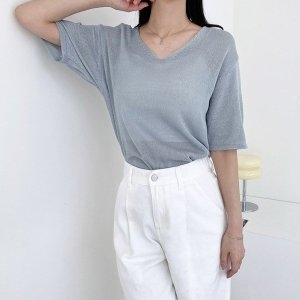 리빌모아 여자 루즈핏 린넨 브이넥 반팔 니트 DJW KNH S2LPPT1026 소라