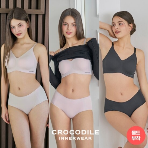 크로커다일 감탄브라 라이크라 쉘론 몰드부착 스트랩 브라팬티세트 6종 (라이트베이지+퍼플그레이+블랙)_이미지