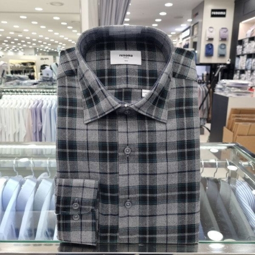 레노마 셔츠 윈도우 체크 트윌기모 슬림핏 긴소매RNWSG0986GY_GN 구리