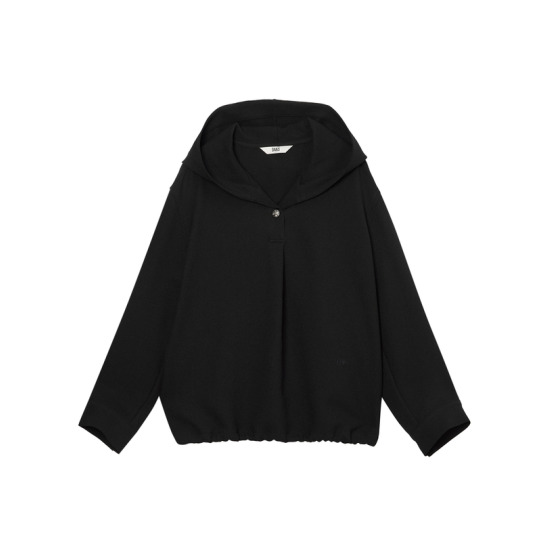 LUC 솔리드 밑단 스트링 후드 블라우스 DLBL4D803BK