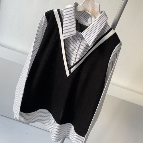 아이우먼 빅사이즈줄지남방 C576L503 조끼배색카라잔줄셔츠 BS