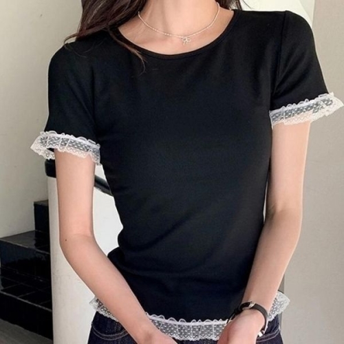 짝꿍닷컴 여성 데일리 레이스 레이어드 핏 반팔 TDN-0135_이미지