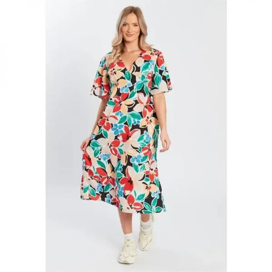 EnC Influ e 인플루언스 브이넥 반팔 미디 A라인 드레스 빨강 7622379_이미지