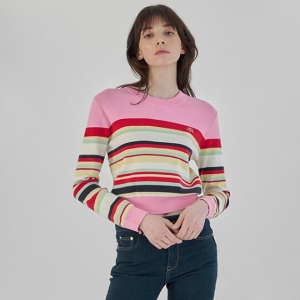 나인 여성 멀티 스트라이프 로고자수 크롭 니트 T6613